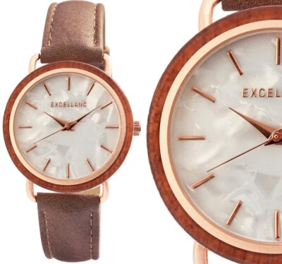 Damenuhr Armbanduhr Holz Perlmutt Roségold Braun Kunstleder 190/244 Excellanc - Bild 1 von 4