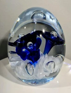 Gibson Art Glass Hand Blown Egg Cobalt Blue Trumpet Flower Paperweight 1998 3" - Picture 1 of 7