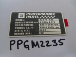 CHECKER MARATHON GM PERFORMANCE PARTS ENGINE DATA PLATE TAG ZZ572/620 OEM F4 - Picture 1 of 1