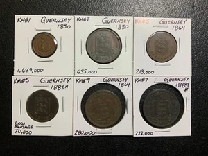 Guernsey 2 KM#5 1864, 1885, 2 KM#7 1868, 1889,  1 KM#1 1830,  1 KM# 2 1830 - Picture 1 of 14