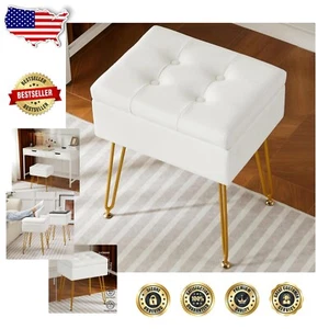 Elegant White Faux Leather Vanity Stool with Storage - Modern Makeup Chair - Picture 1 of 8