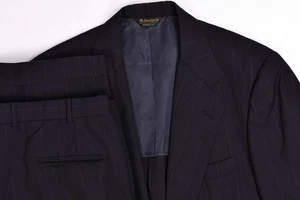 Vintage Southwick Dark Navy Stripe Wool Suit 43 L Pleated Pants 37x32 - Picture 1 of 18