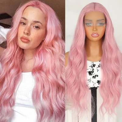 Pelucas delanteras largas onduladas de encaje rosa parte media segura para el calor cabello ondulado mujeres fiesta Foto 1 de 4