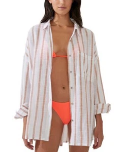 COTTON ON BODY Swing Beach Shirt Coverup Size L White/Nat. Stripe Retail $39.99 - Picture 1 of 3