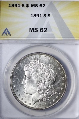 BU 1891-S Morgan Silver Dollar ANACS MS62 Flashy Better Date! DOCHZ - Image 1 of 3