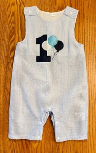 Traje de primer cumpleaños para bebé, Jon Jon, seersucker, globos aplicados, NUEVO - Imagen 1 de 8