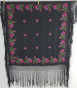 Vintage Chinese Silk Hand Embroidered Floral Fringed Piano Shawl 115x112cm - Picture 1 of 12