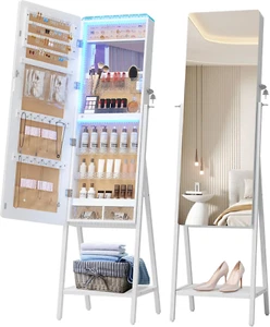 LED Standing Jewelry Mirror Cabinet, Stand up Full Length Mirror with Storage, L - Picture 1 of 12