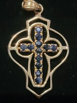 14k Cross With Sapphires, 14k Gold Sapphires Cross, Gold Cross - Image 1 of 4