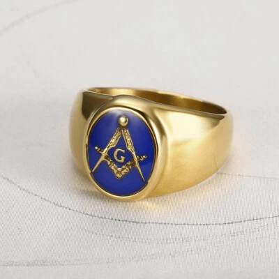 Blue Enamel Retro Masonic Wedding Ring Stainless Steel Biker Oval Signet Ring - Image 1 of 3