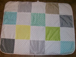 Circo Blue Green Yellow Tan Gray Minky Dot Squares Gray Sherpa Baby Blanket - Picture 1 of 5
