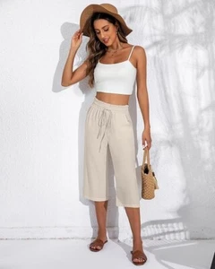 Neer 2 Pack Women's Linen Capri Pants High Waisted Pockets, Small - Picture 1 of 8