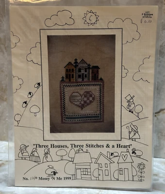 Vtg 1999 Mosey 'N Me Three Houses Stitches & Heart Counted Cross Stitch Pattern - Image 1 of 4