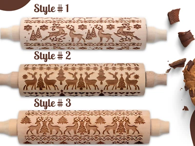 Wooden Rolling Pin Engraved Embossing Floral Pattern Biscuit Baking Christmas - Image 1 of 4