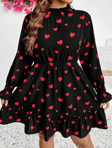 VALENTINO Abito corto A Line sfondo nero con stampa cuore rosso vita stretta manica lunga