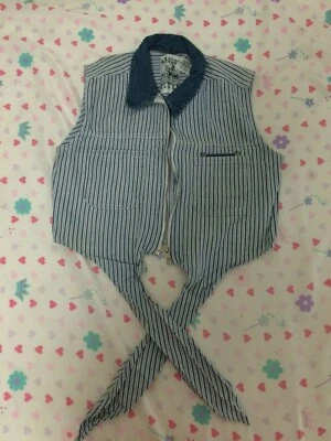 Misses Denim Jeans Stripe Sleeveless Shirt Vest W/ Tie Up Front Zipper Collar M - Image 1 of 4
