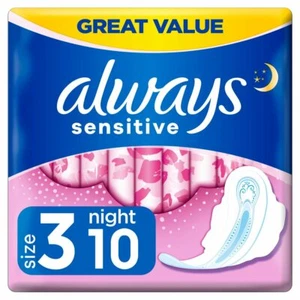Always Sensitiv Nacht Ultra (Größe 3) Sanitär Handtücher Mit Flügel Pack 10 Pads - Bild 1 von 6