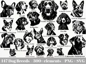 Dog head bundle / 147 Dog breeds, 300+ clipart SVG and PNG Format, 10x10 inch - Picture 1 of 7