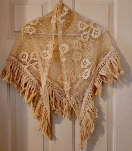 Mimosa Lacey Floral Pattern Scarf/Shawl Wrap w/Fringe ~Fifth Ave~Lt Tan ~52"~EUC - Picture 1 of 7