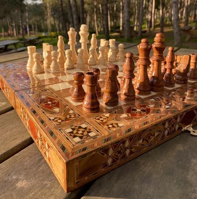 Backgammon Chess Set 3in1 Handmade Solid Inlaid Wood Game 13.8" Christmas Gift🎁 - Image 1 of 4