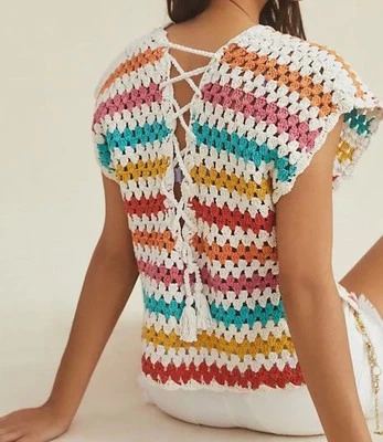 Maeve Anthropologie Striped Crochet Vest One Size Knit Tank Retro 70s Groovy - Image 1 of 4