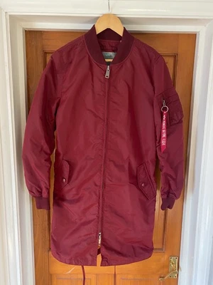 Alpha Industries Longline Bomber Jacket Size S Burgundy Nylon MA-1 Flight - Image 1 of 4