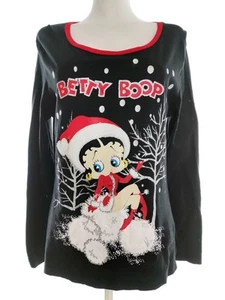 Betty Boop Size 12/14 (40/42) Black Blouse Cotton 100% Long Sleeve Sequins - Picture 1 of 5