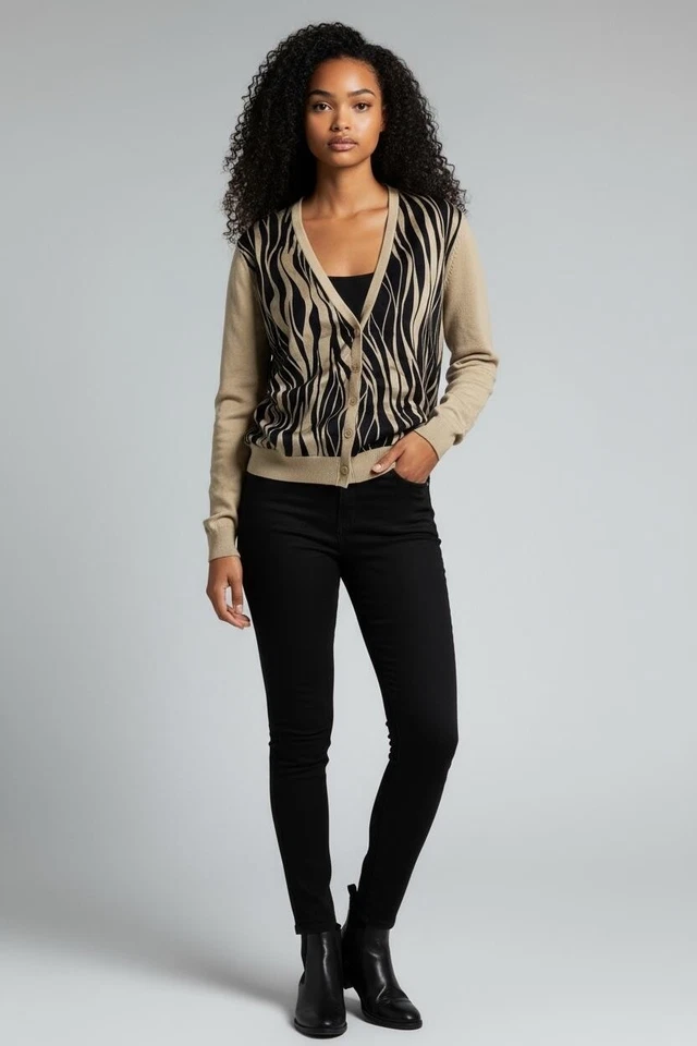 CÁRDIGAN DE SEDA ESTAMPADO ANIMAL Lauren by Ralph Lauren negro tostado nuevo con etiquetas s m Foto 1 de 1