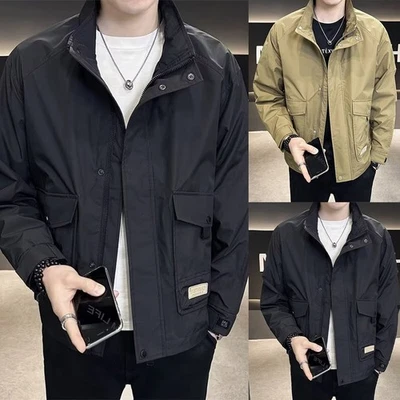 Mens Stand Collar Casual Jacket Solid Outerwear with Pockets for Spring Autumn - Image 1 of 4