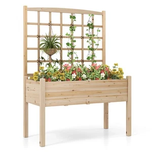 Raised Garden Bed w/ Lattice Trellis Drainage Holes Legs Legs for Climbing Vine - Picture 1 of 11