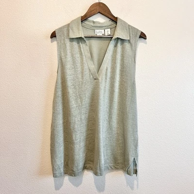 Nicole Miller New York 100% Linen Sleeveless Top XL Sage Green Collared V-Neck - Image 1 of 4