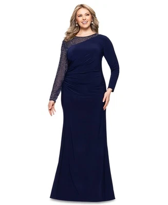 Betsy & Adam Plus Size Embellished Asymmetric Gown - Navy/Silver - 18W - Image 1 of 4