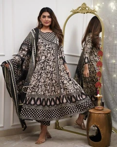 Party wear pure cotton anarkali kurti with pant and dupatta anarkali suits dress - Picture 1 of 8