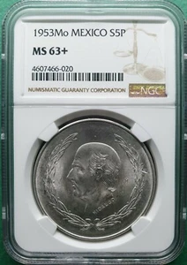 1953Mo MEXICO 5 PESOS SILVER NGC MS 63+ - Picture 1 of 2