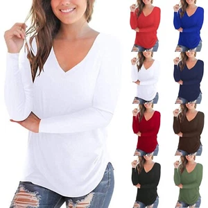 Womens T Shirts V Neck Long Sleeve Solid Casual Loose Tops Basic Shirt Blouse - Picture 1 of 48
