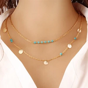 Boho Perlen Silber Handarbeit Lagenlook Anhänger Halskette Pailletten mit Türkis - Bild 1 von 5