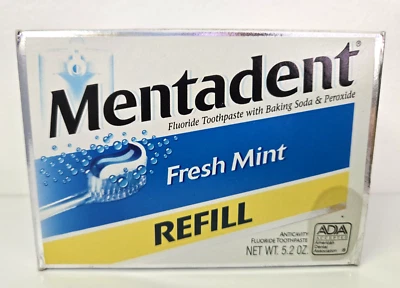 Pasta de dientes Mentadent fresca como nueva recarga stock antiguo 5,2 oz peróxido de bicarbonato de sodio Foto 1 de 4