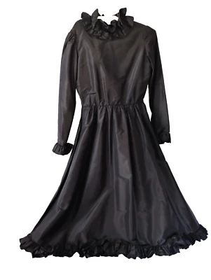 Vestido Vintage Oscar De La Renta Negro Seda Tafetán Volantes con 2 Bolsillos Foto 1 de 4