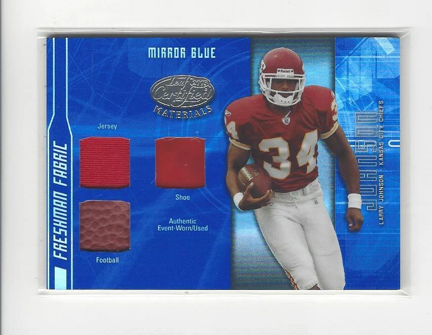 2003 Certified Mirror Blue #158 Larry Johnson BALL/JSY/HLMT Rookie Chiefs /50 - Image 1 of 1