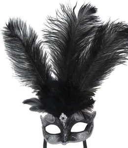 Black & Silver Long Feather Venetian Masquerade Carnival Party Ball Eye Mask - Picture 1 of 1