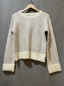 NWT Rachel Zoe Women Long Sleeve Ribbed Trim Chevron Jacquard Sweater SZ S Beige - Picture 1 of 11