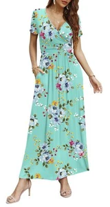 Women Short Sleeve Deep V-Neck Casual Long Dress Pleated Waist Maxi Dresses w... - Picture 1 of 6