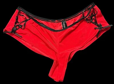 Fredericks of Hollywood Red Shiny Satin Black Lace-Up Sides Nylon Panties XL - Image 1 of 4