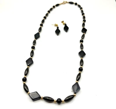 Conjunto de collar y pendiente negro Art Deco bisutería cadena en tono dorado diamante Foto 1 de 3