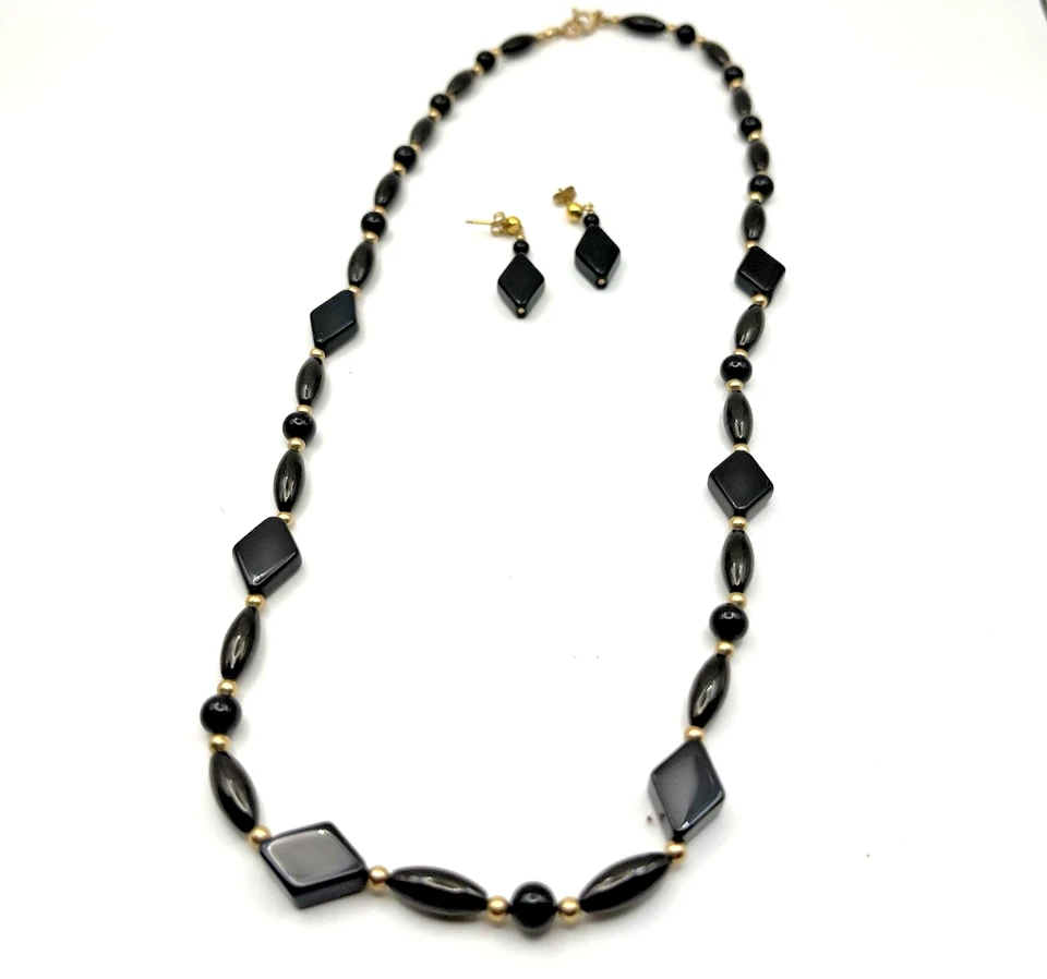 Conjunto de collar y pendiente negro Art Deco bisutería cadena en tono dorado diamante Foto 1 de 3