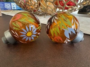 Vintage Heavy Amber Art Glass Hand painted Newel Post Finial Set Antique RARE - Picture 1 of 9