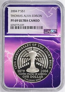  ️ 2004 P Thomas Edison silberne Glühbirne $ 1 NGC PF69 Gedenkmünze 1oz 0,999