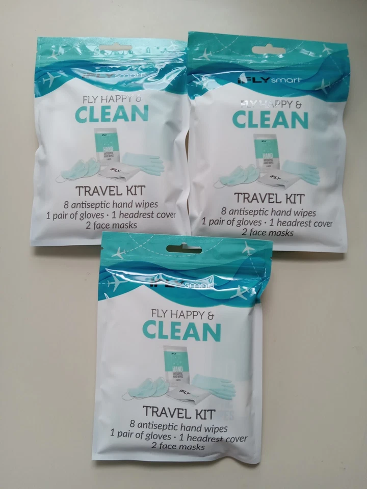 iFly Smart Fly Happy & Clean Travel Kit 8 Wipes Gloves Headrest 2 Face Masks