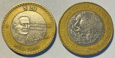 MEXICO 2000 $20 PESOS  COIN  OCTAVIO PAZ CIRCULATED - Image 1 of 2