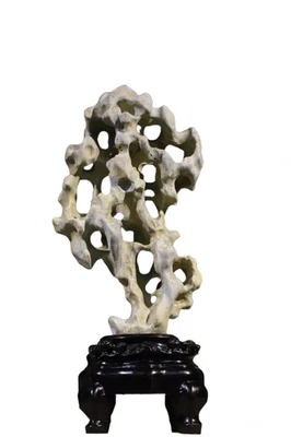 Chinese Taihu Scholar Rock with Wooden Stand – Classic Literati Desk Ornament - Image 1 of 4